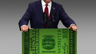 Photo illustration of President Biden speaking from a podium made of a dollar bill.